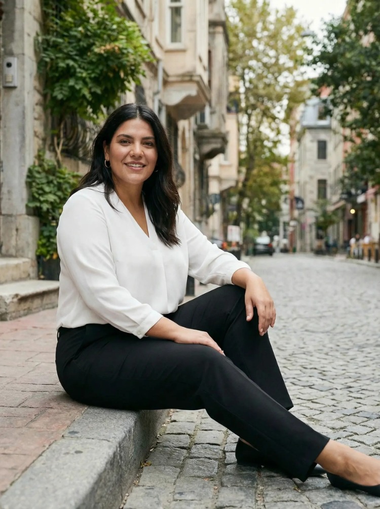 Siyah Klasik Paça Anne Grubu Büyük Beden Pantolon Çelik Örme 3 mevsim