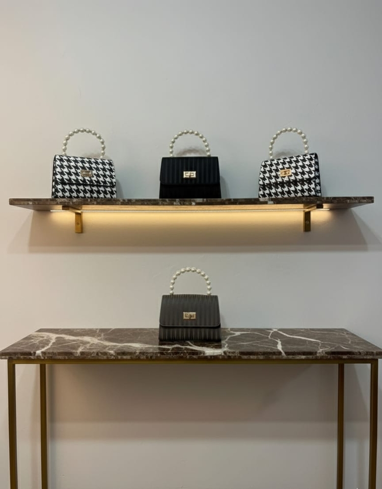 İnci Saplı Lüks Mini Çanta: Gold Tokalı ve Houndstooth (Ekose) Desenli
