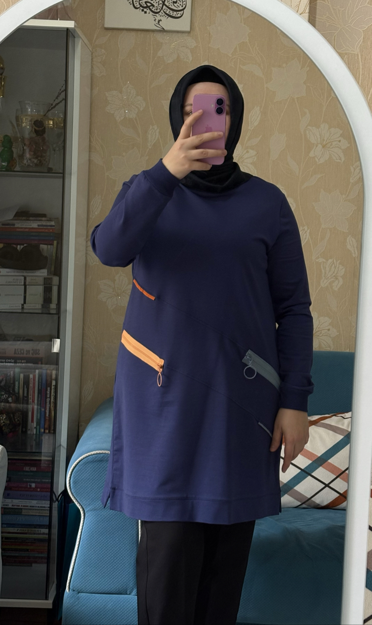 Fermuar detaylı tunik mavi