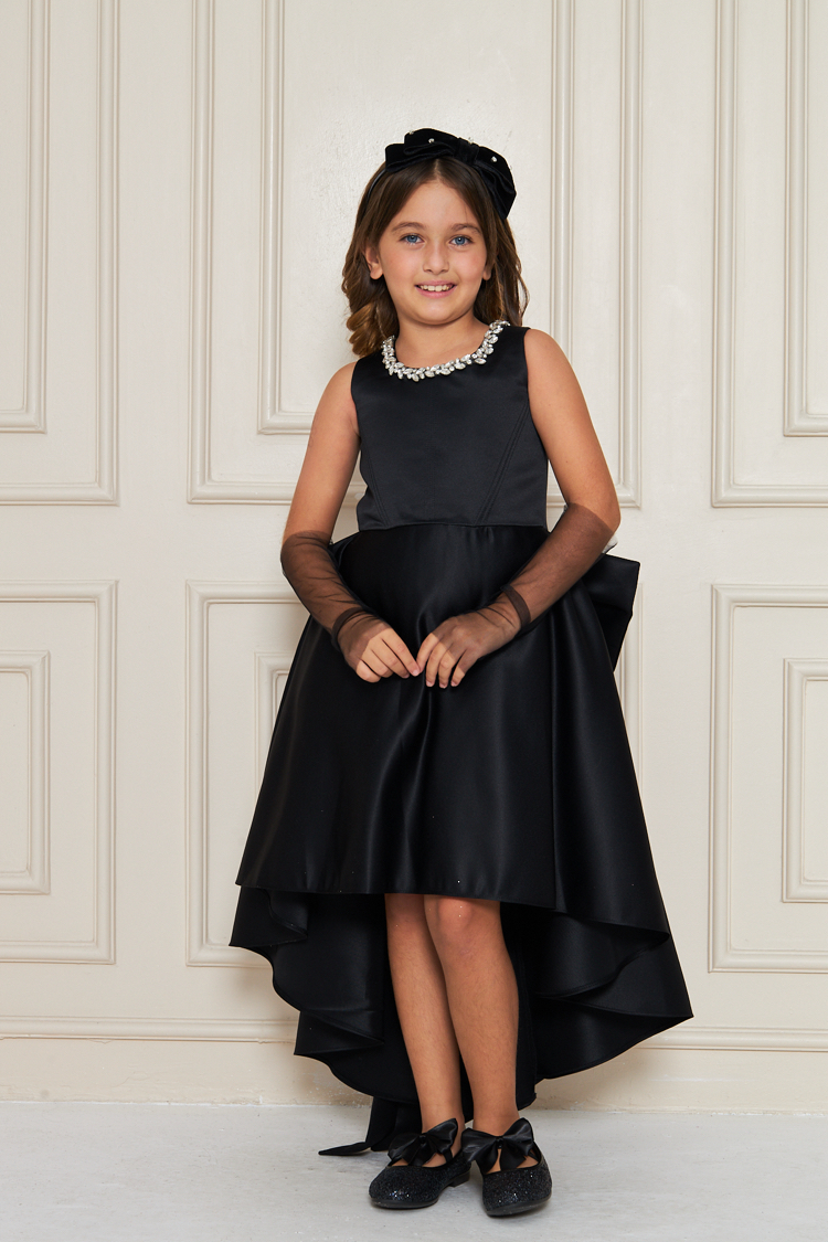 Siyah eldivenli taşlı saten elbise 10-11-12 yaş