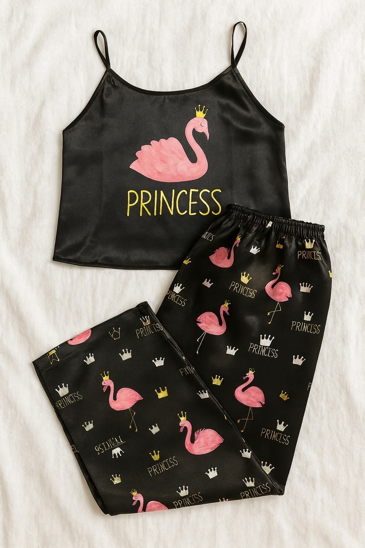 Flamingo Baskılı Saten Pijama Takımı 