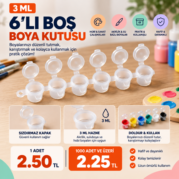 6'lı Boş Boya Kutusu (3 ml) (1 Paket İçerisinde 25 Adet 6'lı Boş Kutu Bulunmaktadır)