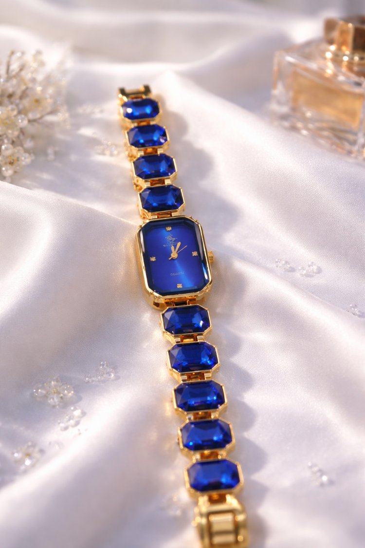 Swarovski Gold Petrol Mavi Taşlı