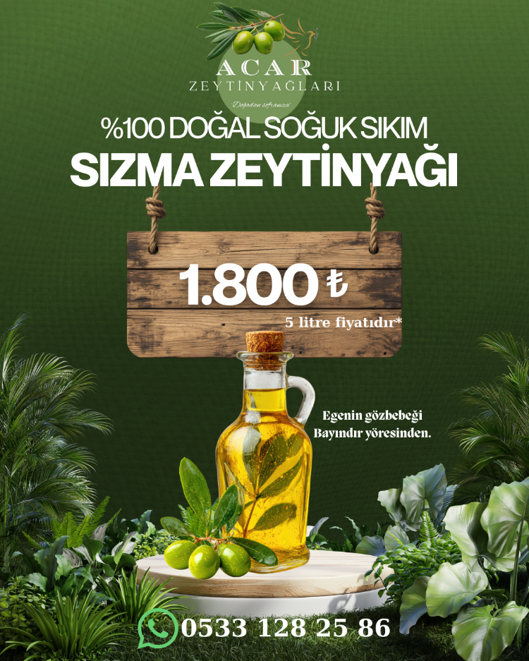 100% DOĞAL SOGUK SIKIM ZEYTİNYAĞ BAYINDIR MENŞEİLİ 5 LİTRE*