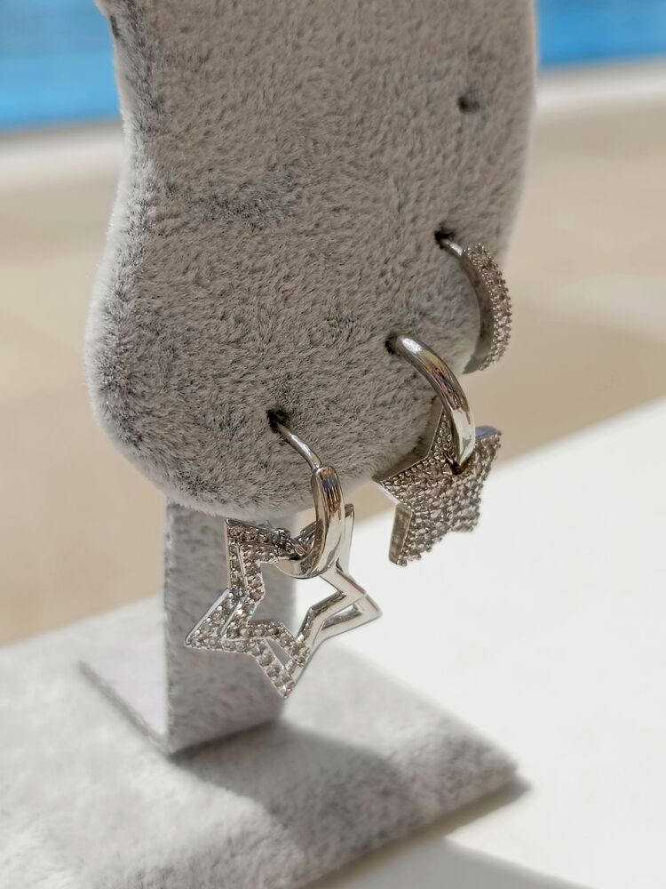 Beyaz Zirkon Taşlı Silver Yıldız Üçlü Küpe Seti