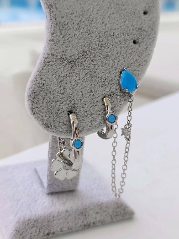 Silver Turkuaz Taşlı Özel Seri Üçlü Küpe Seti