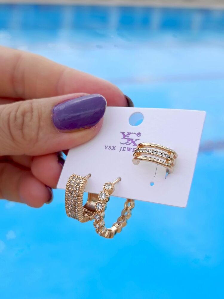Beyaz Zirkon Taşlı Gold Üçlü Küpe Seti