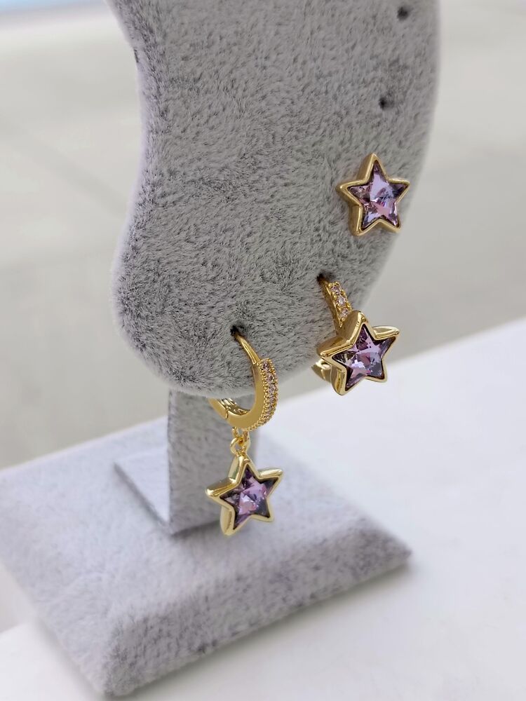 Gold Detaylı Lila Yıldız Küpe Seti