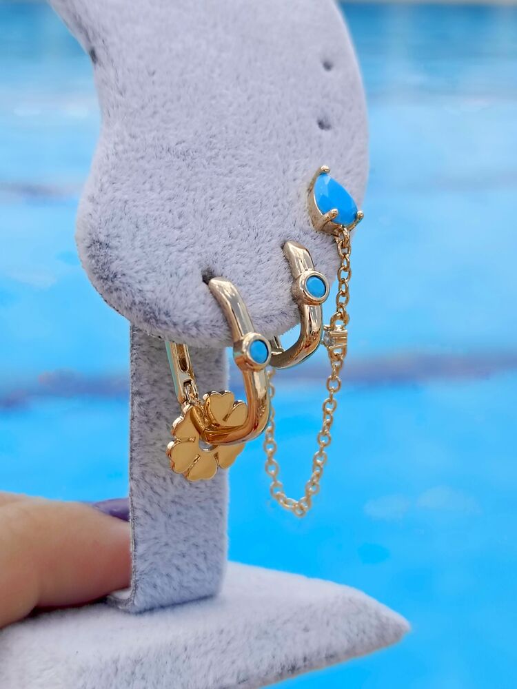 Turkuaz Taşlı Gold Yonca Üçlü Küpe Seti