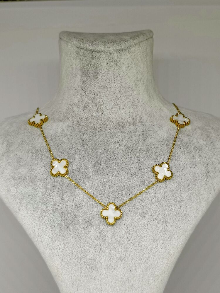 Van Cleef Model Gold Detaylı Beyaz Sedef Çelik Kolye