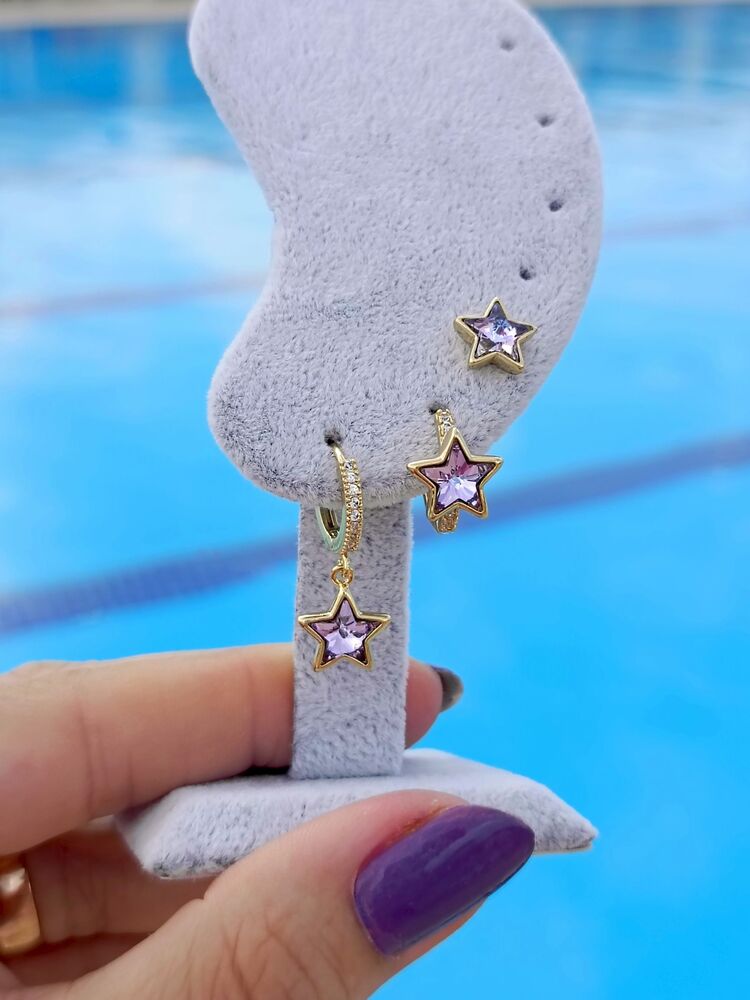 Gold Detaylı Lila Yıldız Küpe Seti