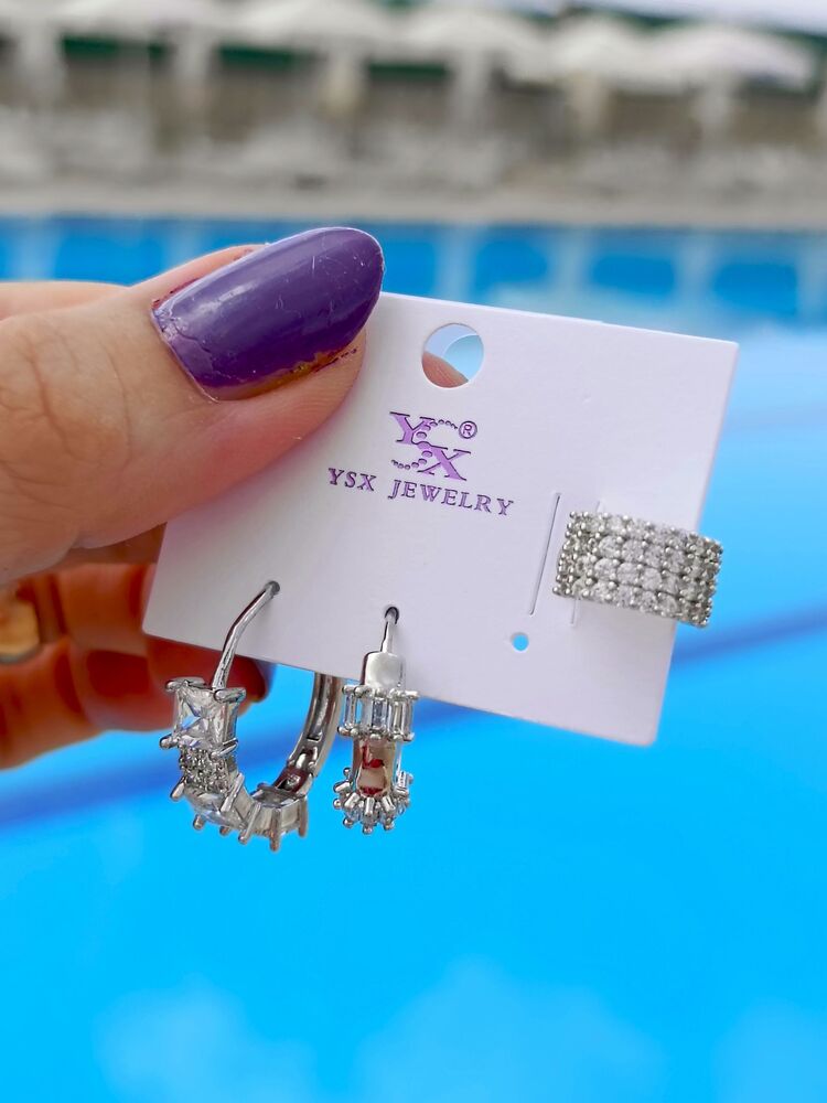 İri Beyaz Zirkon Taşlı Silver Üçlü Küpe Seti