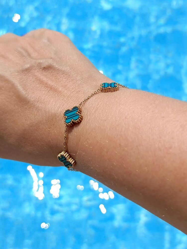 Van Cleef Model Gold Detaylı Yeşil Çelik Bileklik