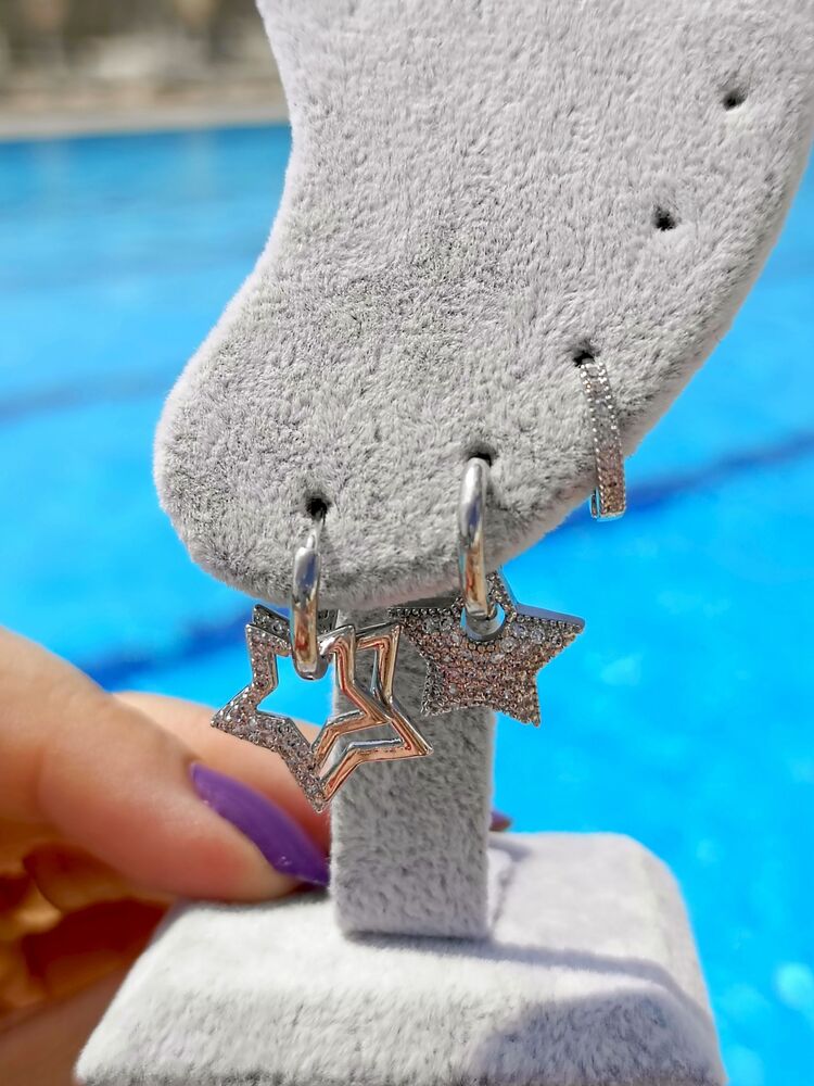 Beyaz Zirkon Taşlı Silver Yıldız Üçlü Küpe Seti