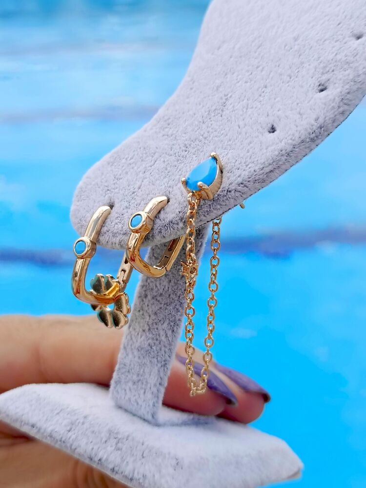 Turkuaz Taşlı Gold Yonca Üçlü Küpe Seti