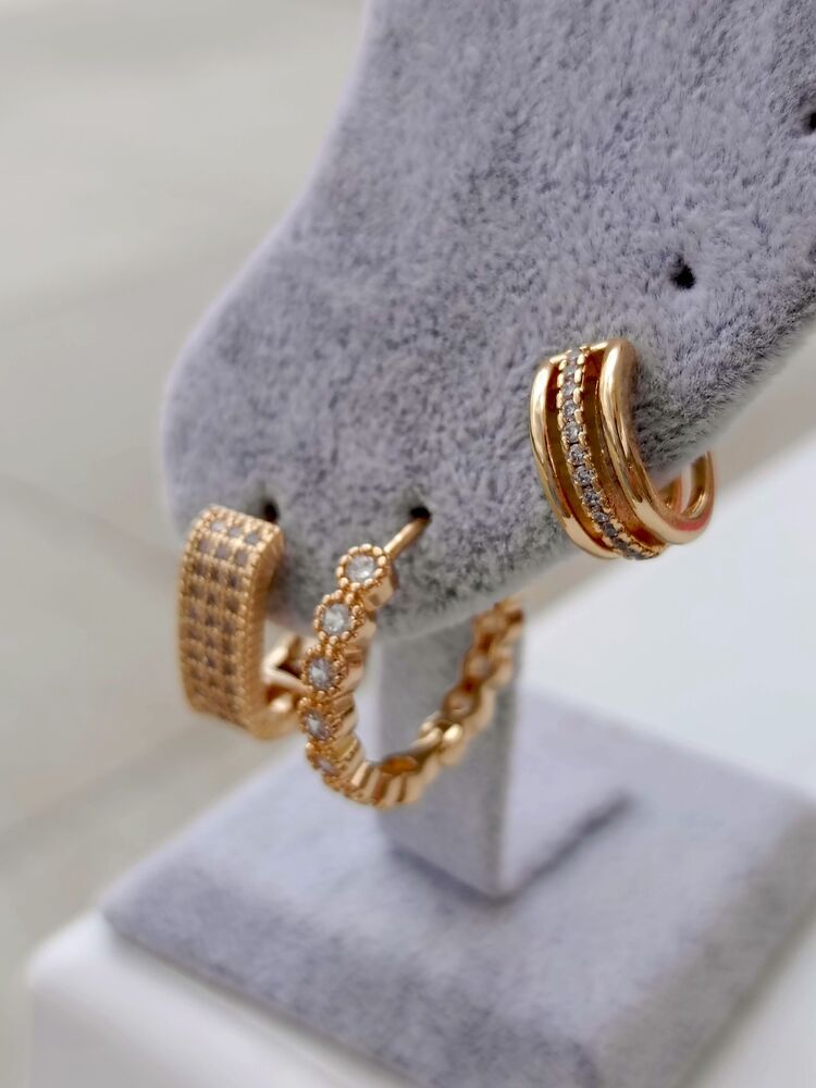 Beyaz Zirkon Taşlı Gold Üçlü Küpe Seti