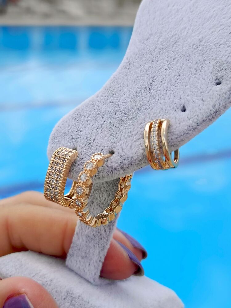Beyaz Zirkon Taşlı Gold Üçlü Küpe Seti