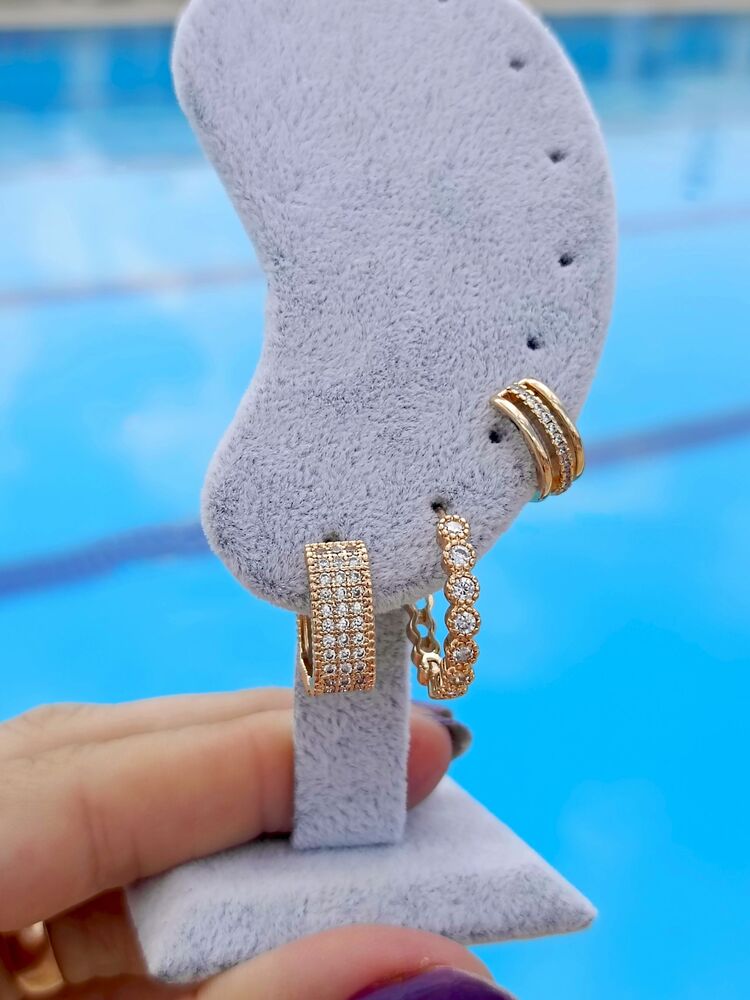 Beyaz Zirkon Taşlı Gold Üçlü Küpe Seti