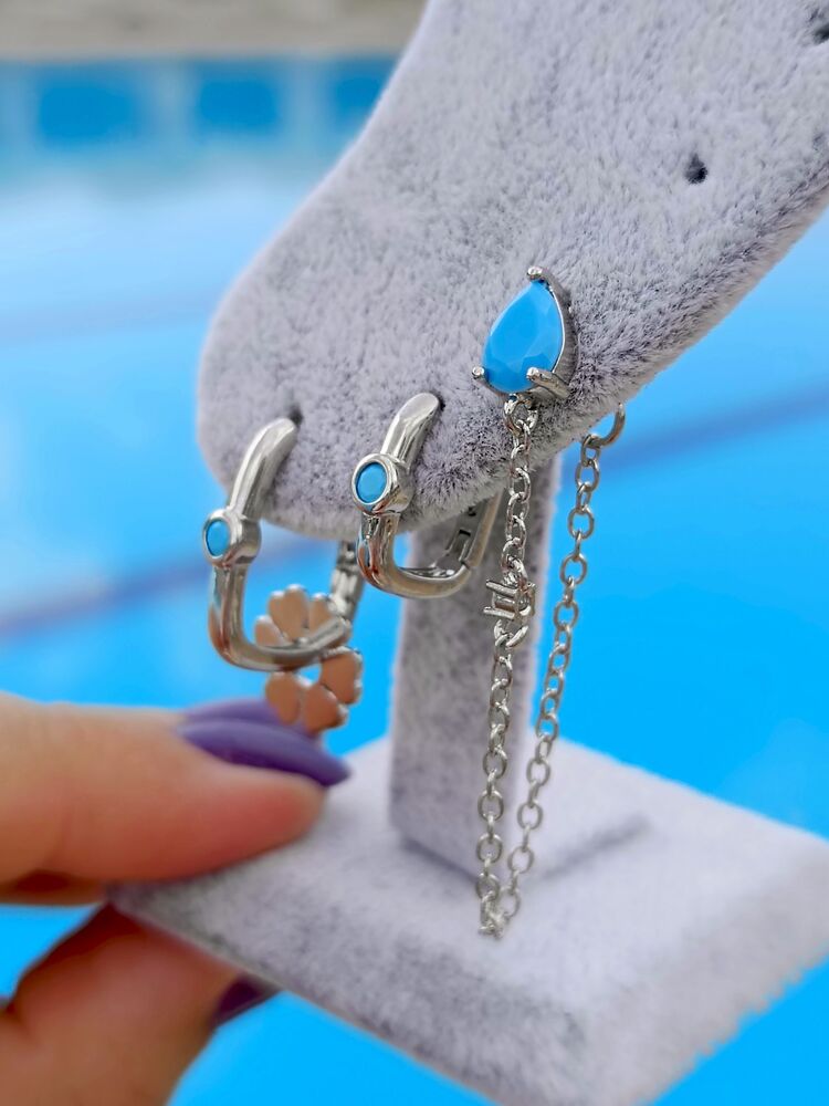 Silver Turkuaz Taşlı Özel Seri Üçlü Küpe Seti