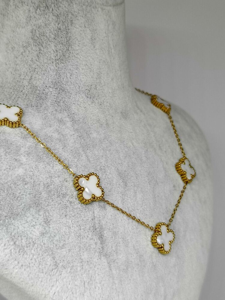 Van Cleef Model Gold Detaylı Beyaz Sedef Çelik Kolye