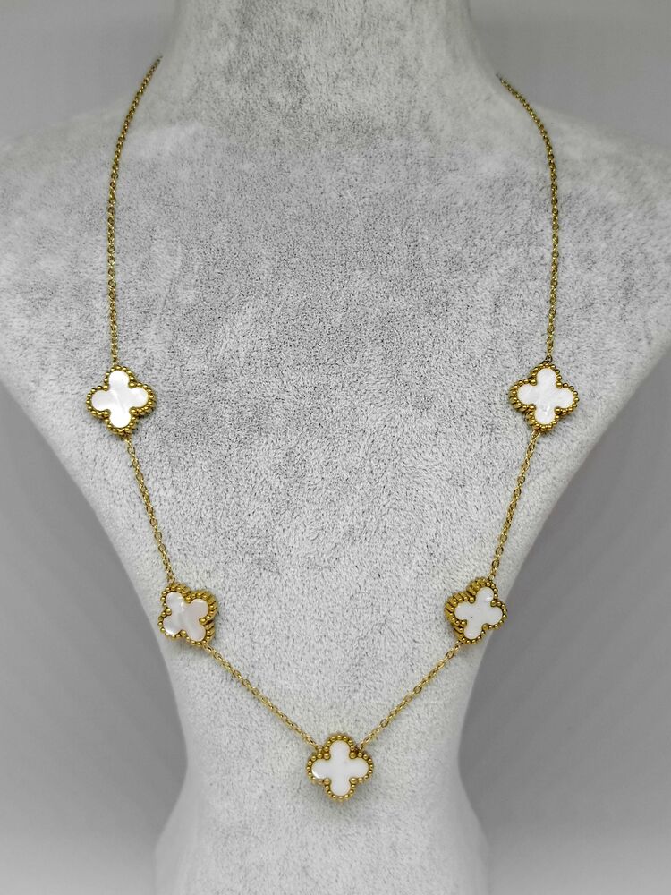 Van Cleef Model Gold Detaylı Beyaz Sedef Çelik Kolye