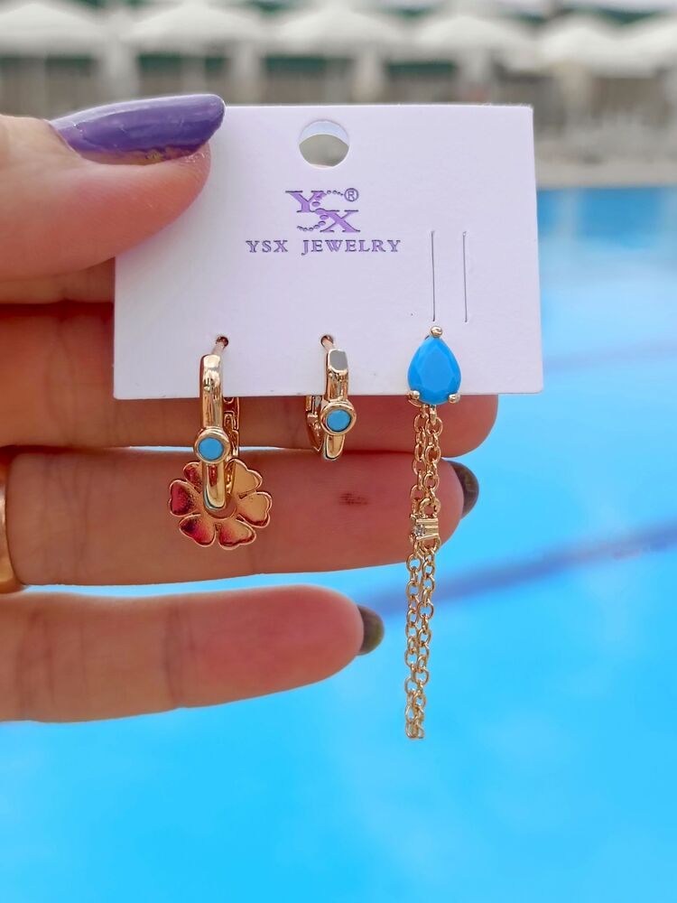Turkuaz Taşlı Gold Yonca Üçlü Küpe Seti