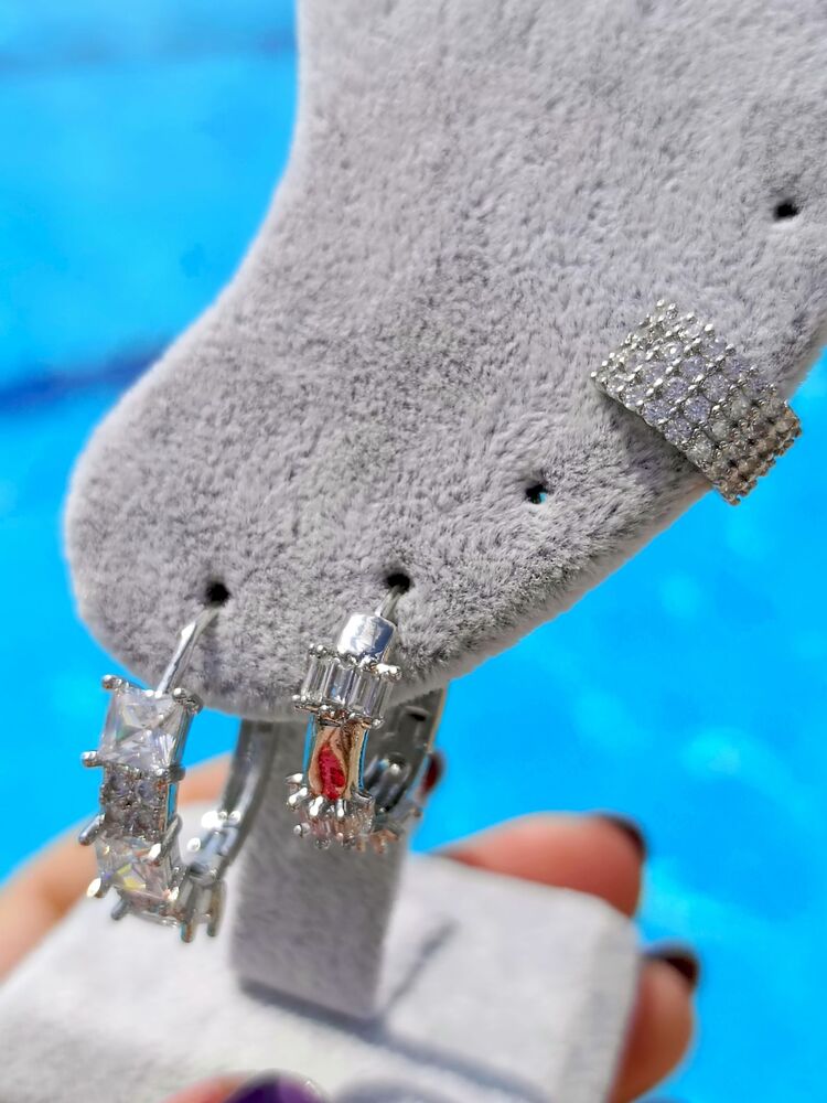 İri Beyaz Zirkon Taşlı Silver Üçlü Küpe Seti