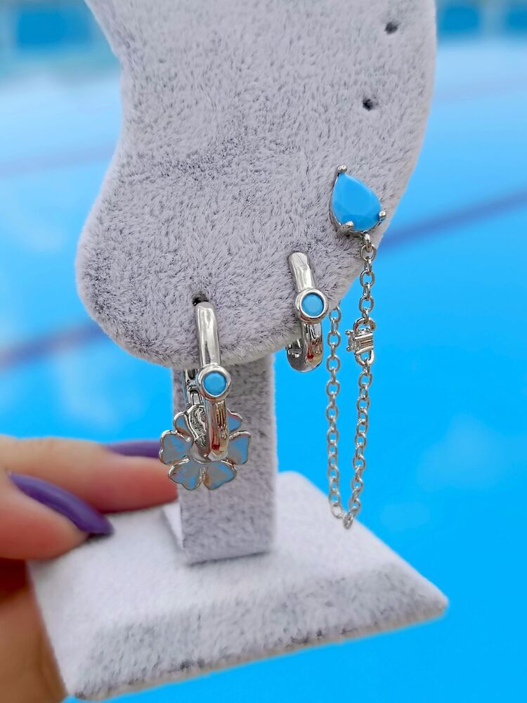 Silver Turkuaz Taşlı Özel Seri Üçlü Küpe Seti