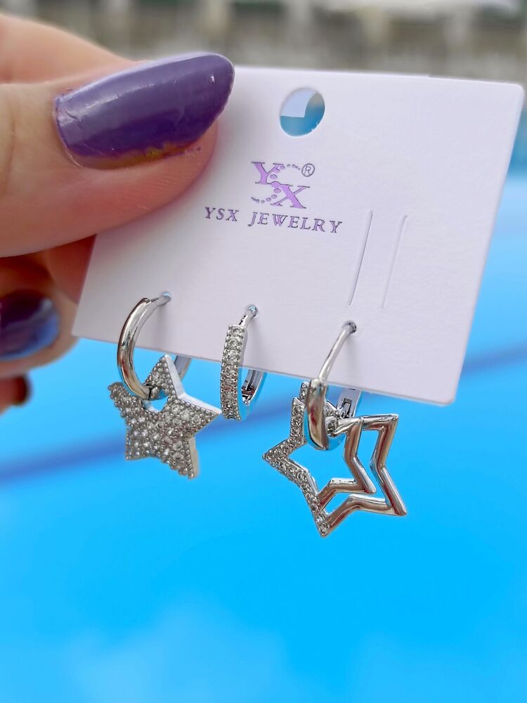 Beyaz Zirkon Taşlı Silver Yıldız Üçlü Küpe Seti