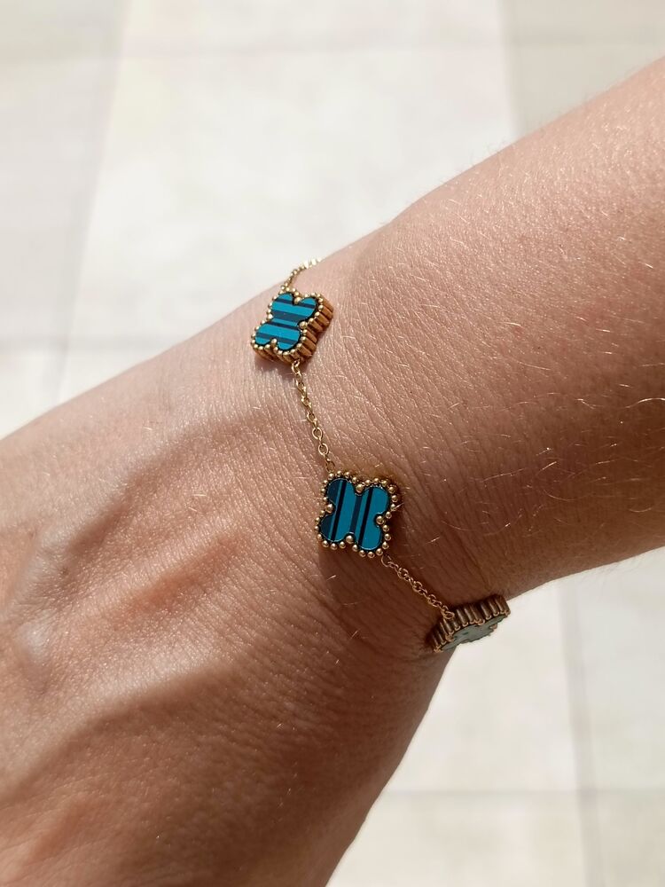 Van Cleef Model Gold Detaylı Yeşil Çelik Bileklik