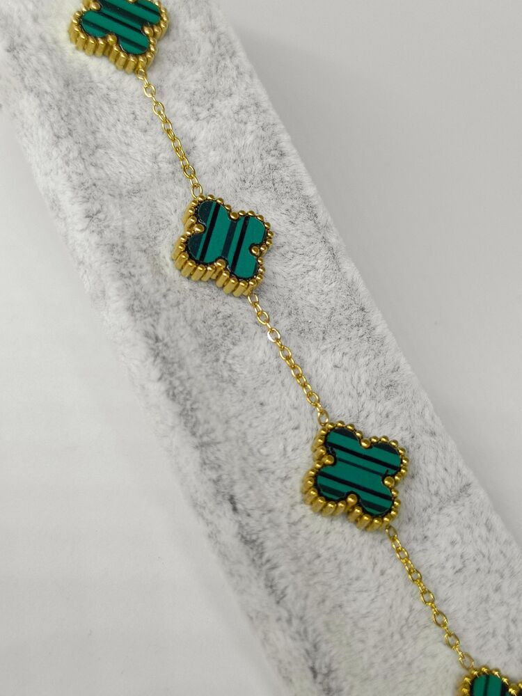 Van Cleef Model Gold Detaylı Yeşil Çelik Bileklik
