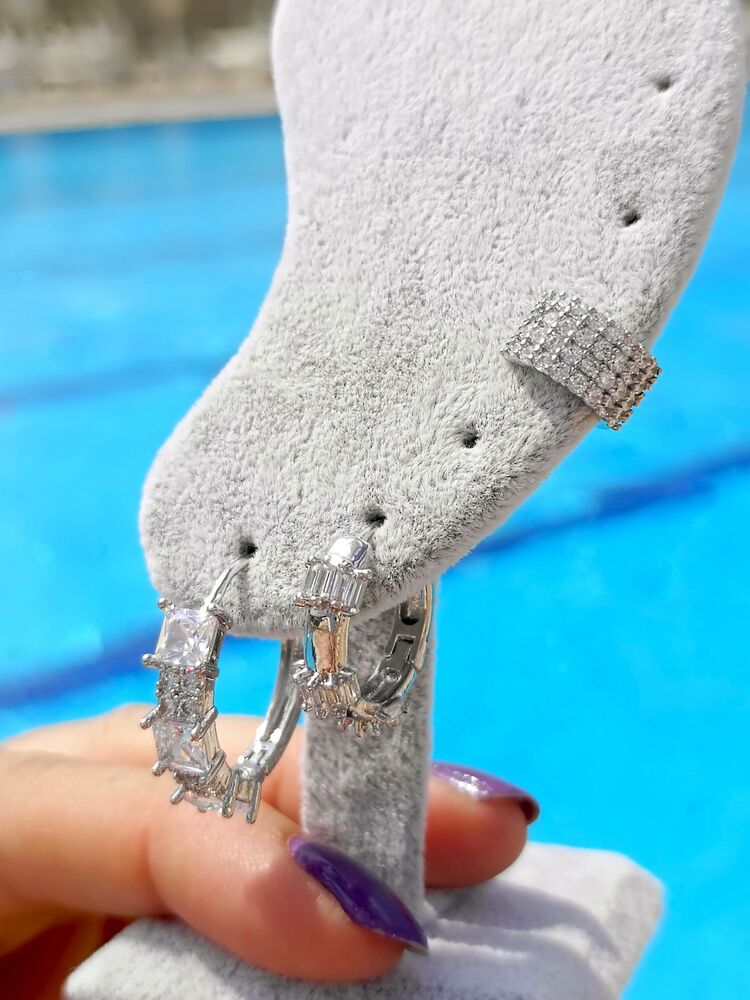 İri Beyaz Zirkon Taşlı Silver Üçlü Küpe Seti