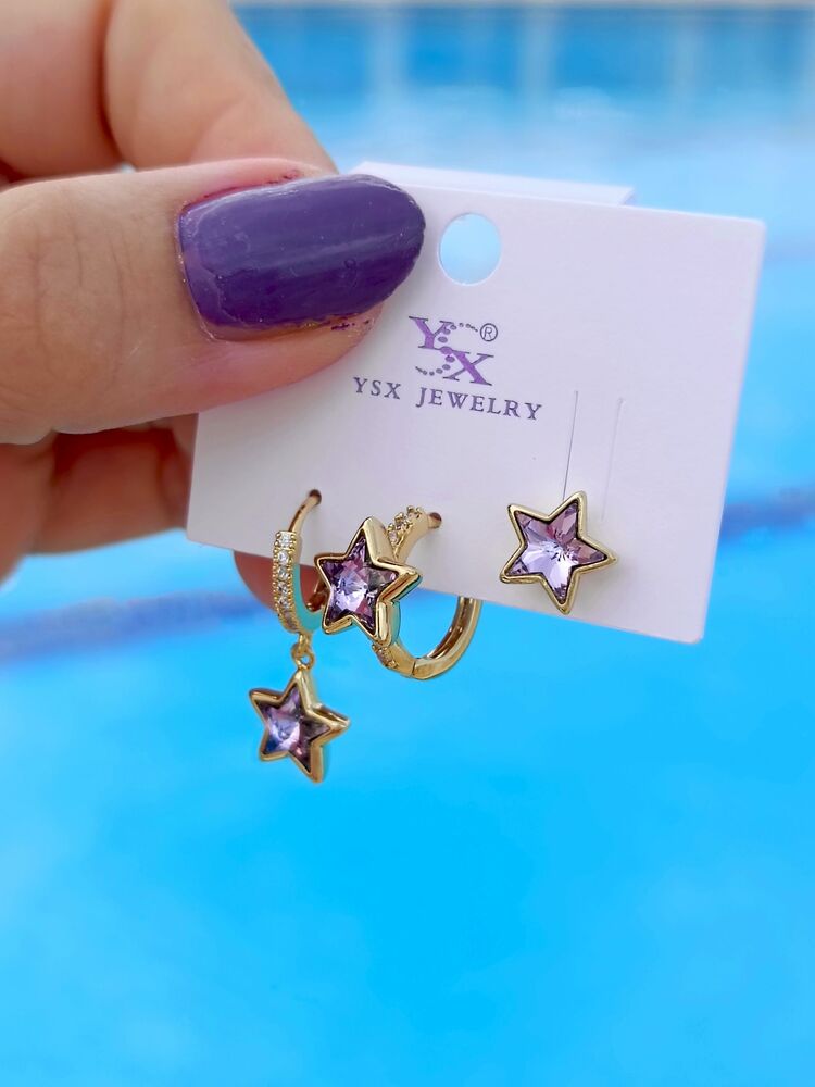 Gold Detaylı Lila Yıldız Küpe Seti