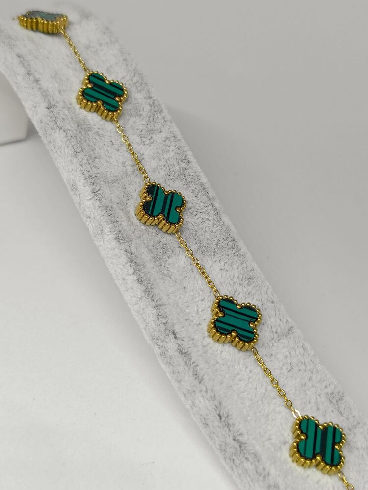 Van Cleef Model Gold Detaylı Yeşil Çelik Bileklik