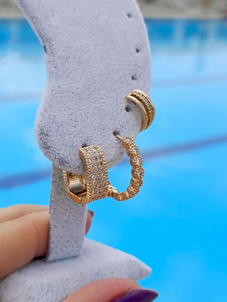 Beyaz Zirkon Taşlı Gold Üçlü Küpe Seti
