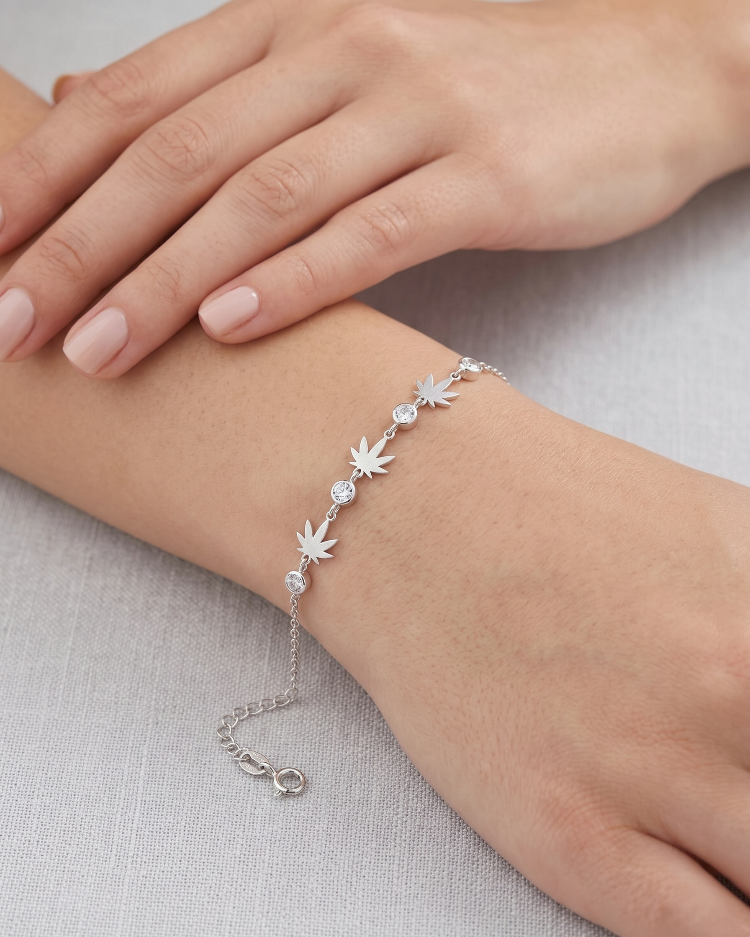 925 Ayar Gümüş Kenevir Yaprağı Figürlü Zirkon Taşlı El İşçiliği Bileklik | Acer Silver