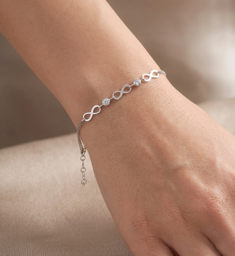 925 Ayar Gümüş Sonsuzluk Figürlü Zirkon Taşlı Çift Zincirli Bileklik | Acer Silver