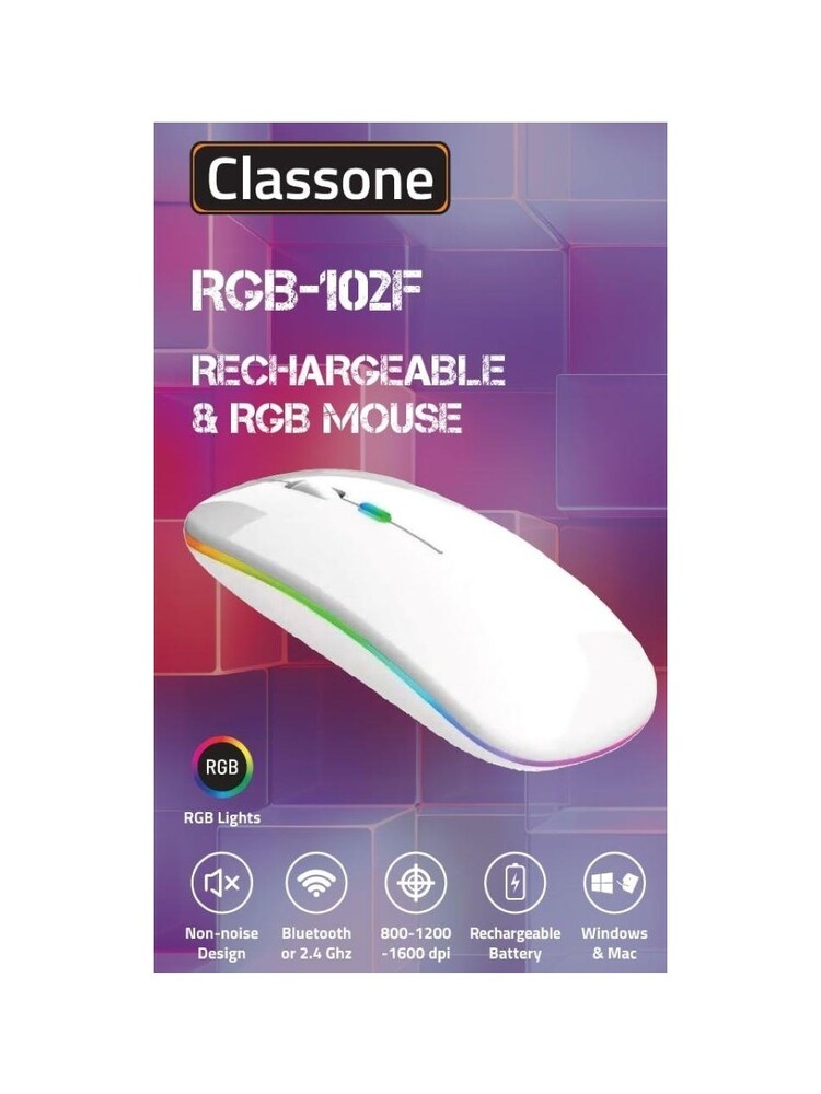 Classone RGB-102F Rgb Işıklı, Efektli, Silent-Sessiz, rf Kablosuz, Bluetooth Mouse - Beyaz
