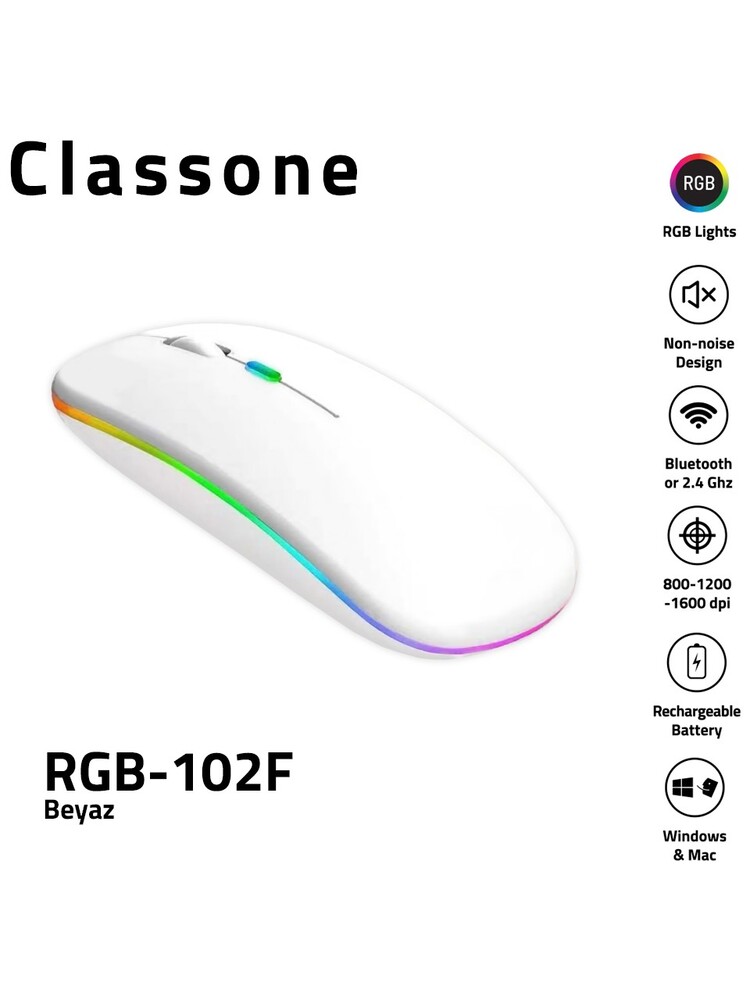 Classone RGB-102F Rgb Işıklı, Efektli, Silent-Sessiz, rf Kablosuz, Bluetooth Mouse - Beyaz