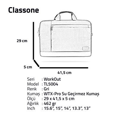 Classone Workout TL5004 15.6" Su Geçirmez Kumaş ,macbook , Notebook, Laptop El Çantası - Gri