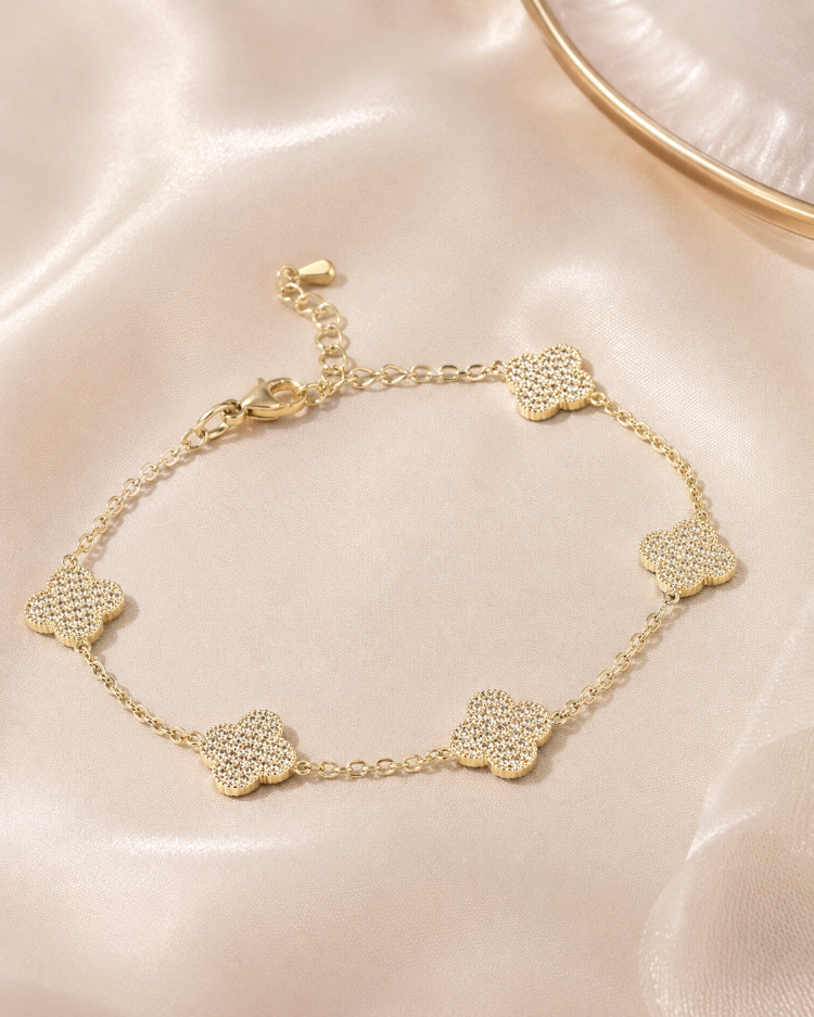 Taşlı Yonca Gold Bileklik