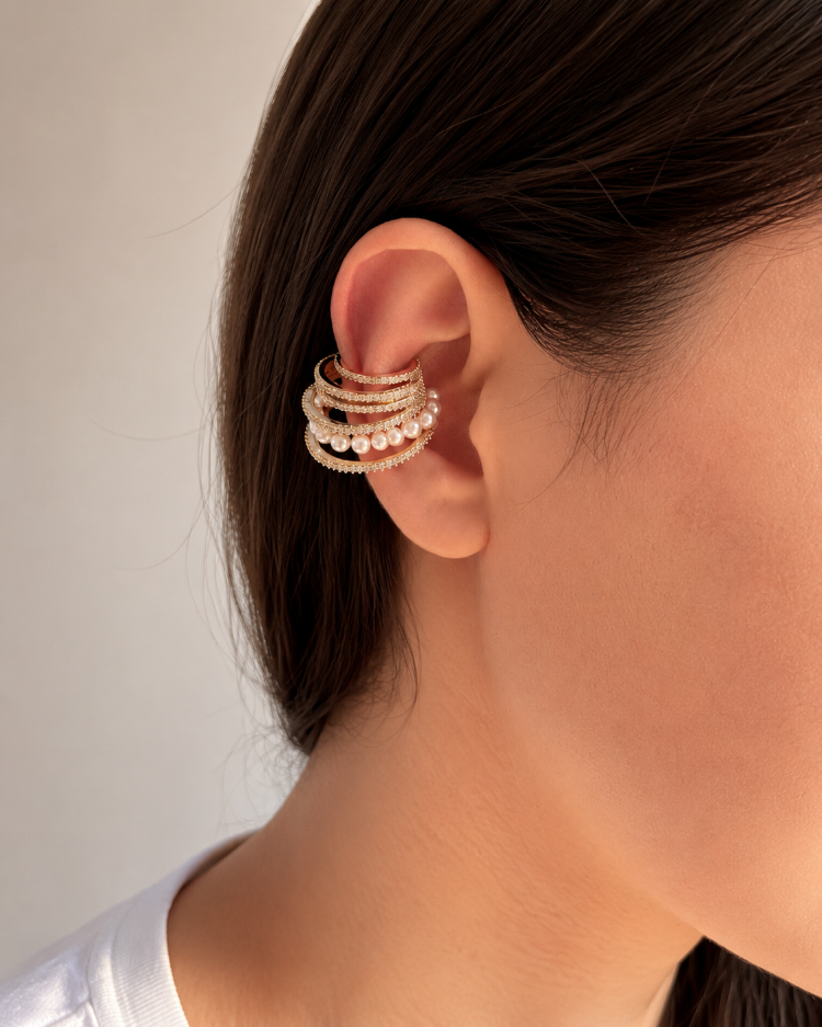 İnci Detaylı Gold Earcuff