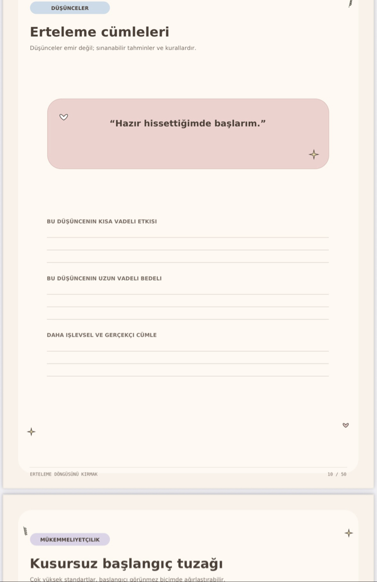 Erteleme Döngüsünü Kırmak | Davranışsal Tasarım & Duygu Düzenleme Rehberi (50 Sayfa PDF)