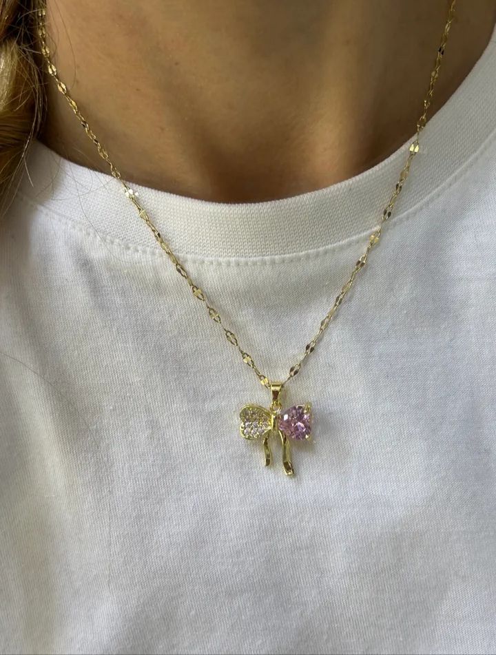 çelik pembe taşlı fiyonk kolye 