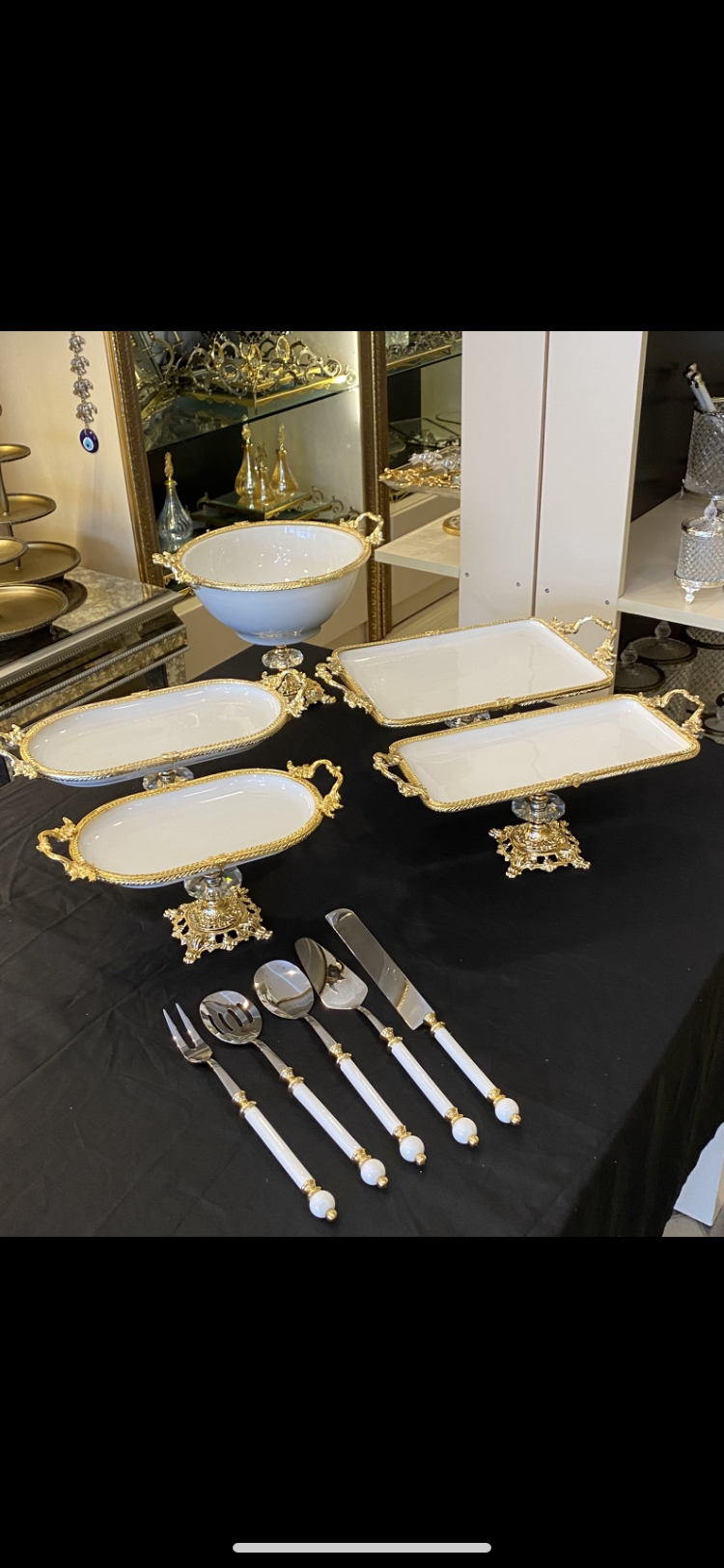 5 li döküm ayaklı çerçeveli gold porselen set
