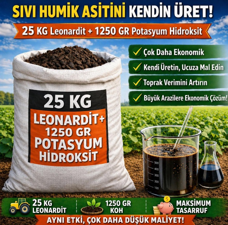 100 Litre Sıvı Humik Asit Üretim Seti (25 kg leonardit + 1250 gr potasyum hidroksit)