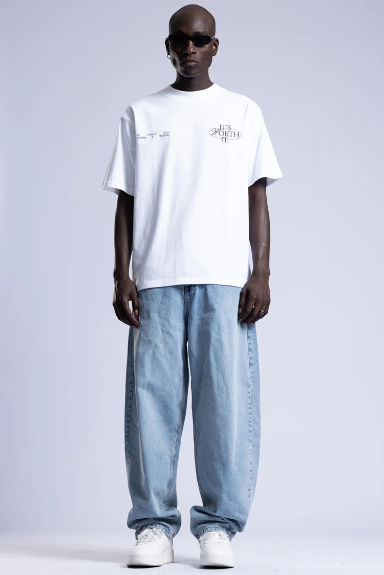 Oversize Fit Bisiklet Yaka %100 Pamuk Beyaz Baskılı Erkek T-Shirt