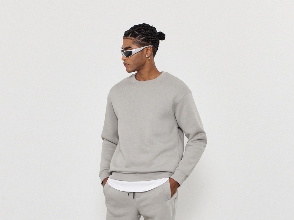 Bisiklet Yaka 3 İplik Şardonlu Pamuklu Gri Sweatshirt