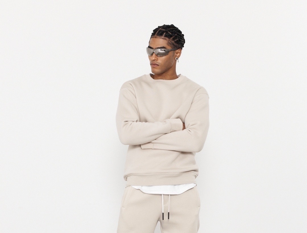Bisiklet Yaka 3 İplik Şardonlu Pamuklu Bej Sweatshirt