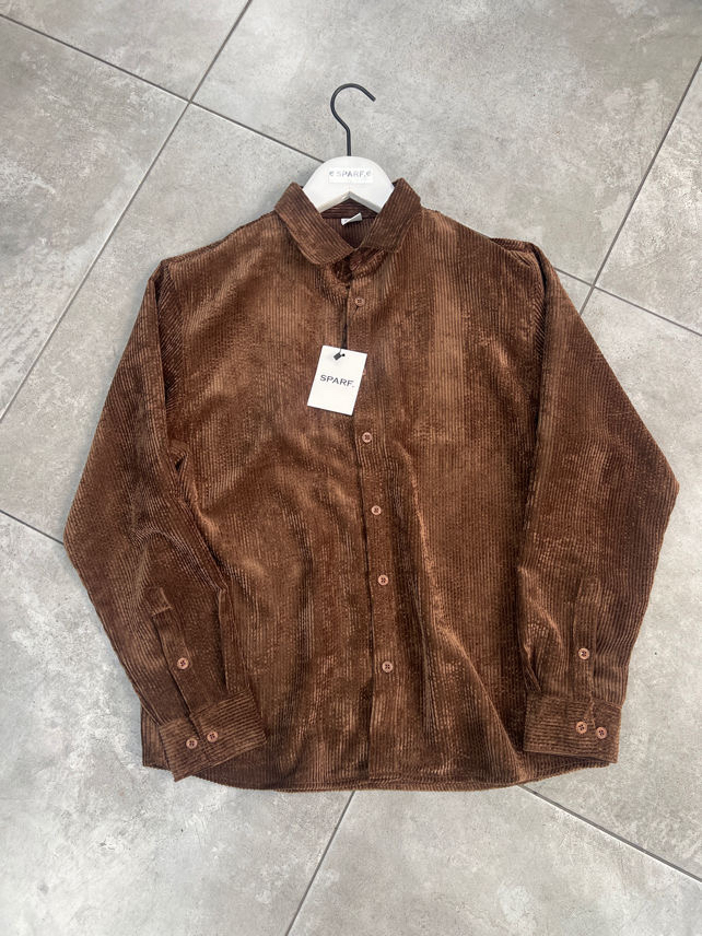 Relaxed Fit Düğmeli Kahverengi Kadife Gömlek